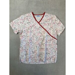 SB Scrubs Top Women's Size Medium Multicolor Floral and Hearts V Neck
